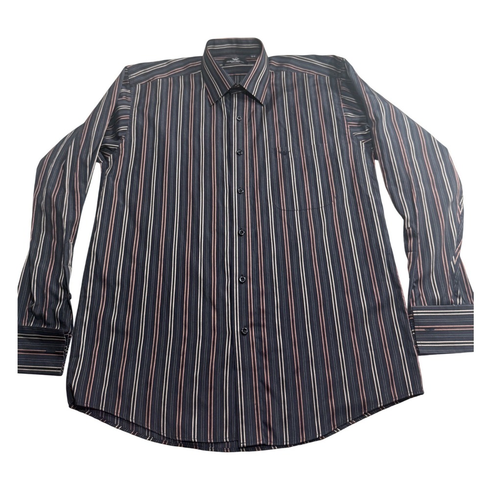 Giorgio Armani Mens Striped Long Sleeve Button Down Shirt Navy Orange 16 40